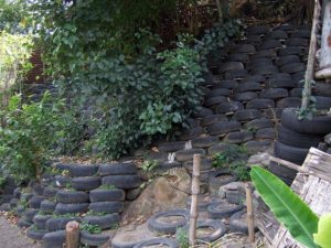 Retaining wall made from spare tires
